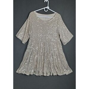 Amazing Lace Women's Sequin Babydoll Dress Size M Champagne Gold Balloon Sleeve
